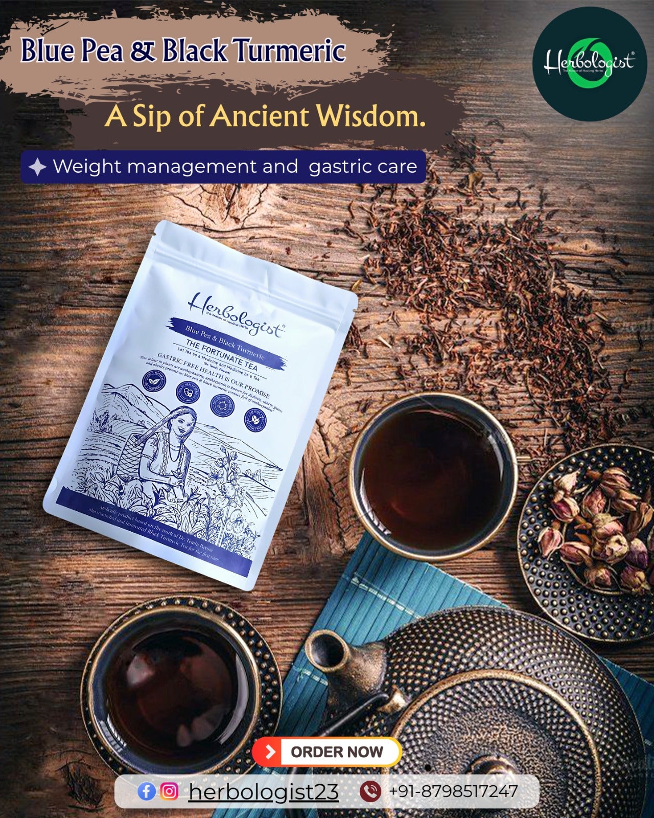 Herbologist Blue Pea & Black Turmeric Tea – Ancient Ayurvedic Blend for Weight Management & Gastric Health